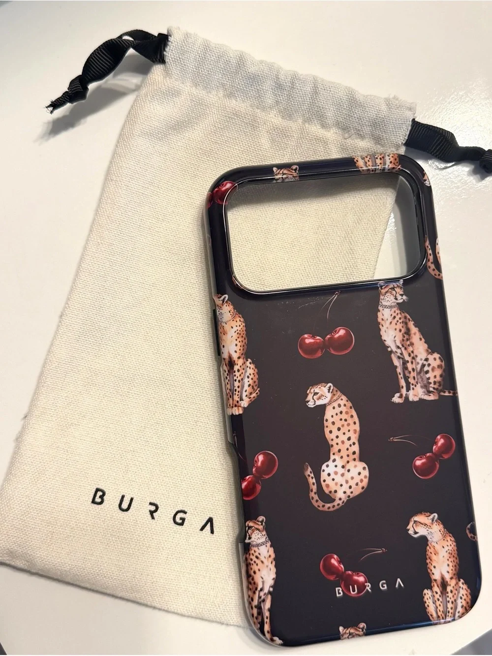 BURGA Iphone 17 Pro Max -Black Cheetah & Cherry Pattern Phone Case